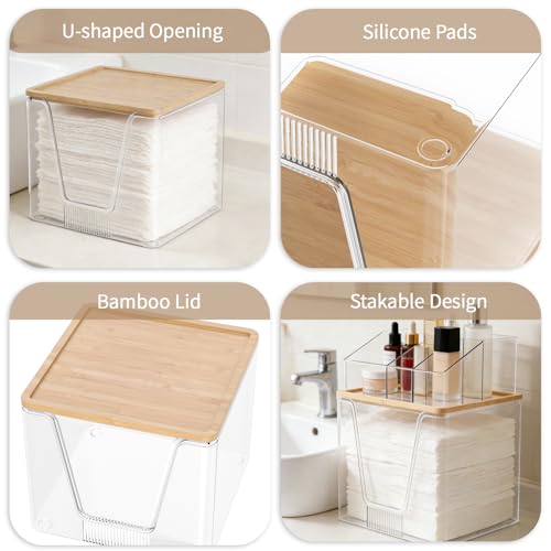 SPOSPO 2 in 1 Disposable Facial Towel Holder and Cosmetic Organizer | Clear Storage with Bamboo Lid Compatible with Clean Skin Club Towel XL, Vanity Organizer for Bathroom Vanity Counter (1 Pack)