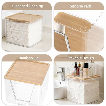 SPOSPO 2 in 1 Disposable Facial Towel Holder and Cosmetic Organizer | Clear Storage with Bamboo Lid Compatible with Clean Skin Club Towel XL, Vanity Organizer for Bathroom Vanity Counter (1 Pack)