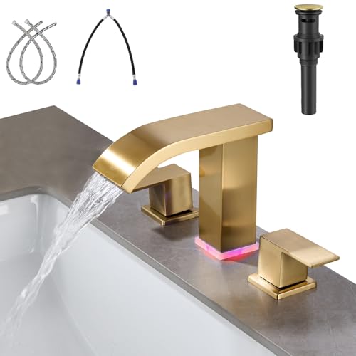 LED Light Widespread Bathroom Faucets for Sink 3 Hole Waterfall Brushed Gold-Bathroom Faucet with Pop-up Drain Assembly, 8 Inch Bathroom Sink Faucet 2-Handles,Modern Lavatory Vanity Faucet - color: Brushed Gold
