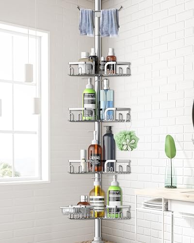 Corner Shower Caddy Tension Pole 4 Tier Adjustable Stainless Steel Shower Shelf for Inside Shower Bathtub Shampoo,Standing Bathroom Organizer Shelves with 26 to 120 inch Height - color: Silver-new