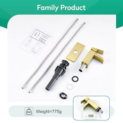 CREA Brushed Gold Waterfall Bathroom Faucet 1 Hole Single Handle Bathroom Sink Faucet with Pop Up Drain Stainless Steel Vanity Faucet Basin Mixer Tap Hot Cold Water Supply Line 3 Hole Deck Plate - color: Gold, style: Open Waterfall