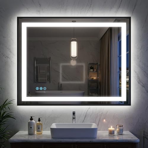 Antok 30X36 LED Bathroom Mirror with Lights, Vanity Mirror for Wall with Black Frame, Touch Control, Anti-Fog, Dimmable Lights, Shatter-Proof, Memory Function, Wall-Mounted Vanity Mirrors - size: 36"L x 30"W