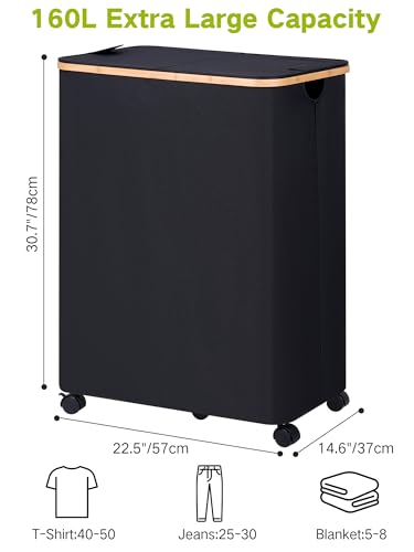 efluky Double Laundry Hamper with Wheels, Divided Laundry Hamper with Removable Bags, 2 Section Dirty Clothes Basket with Handles for Bathroom, Bedroom & Laundry Room, 160L Dark Black - color: Black, size: 160L