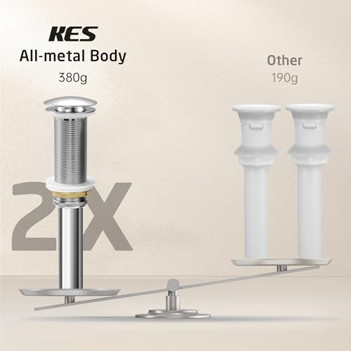 KES Polished Chrome Bathroom Sink Drain with Extended Thread, All Metal Pop Up Drain Stopper without Overflow for Thicker Vessel Sinks and Countertops, Brass and Stainless Steel, S2022D-CH - color: Polished Chrome, style: NO Overflow, Long Thread