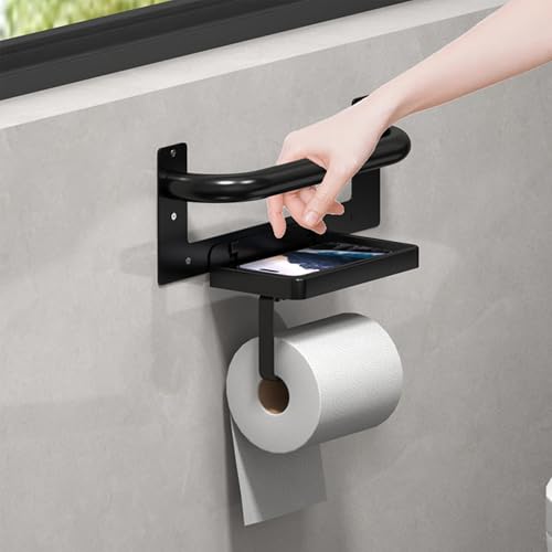 Toilet Paper Holder with Assist Bar - Matte Black Bathroom Safety Handle Wall Mount with Toilet Roll Holder and Shelf 300lbs Weight Support Grab Bar for Bathtubs and Showers