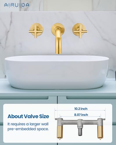 Airuida Solid Brass Brushed Gold Wall Mount Bathroom Faucet | 360° Swivel Spout,Rough in Valve,2 Cross Handle,3 Hole,Widespread - color: Brushed Gold