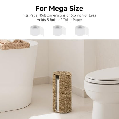 StorageWorks Seagrass Free Standing Toilet Paper Holder Stand for Bathroom, 3 Rolls of Toilet Tissue Storage with a Built-in Cloth Lining, Toilet Roll Holder Stand with Lid | 3 Rolls of Toilet Tissue Storage with a Built-in Cloth Lining, Toilet Roll Holde