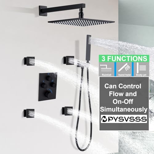 Rain Shower System,12 Inch Wall Mounted Rain Shower Head with Body Jets and Handheld Shower, Push Button Thermostatic Shower Faucet Set, Can Use all Options at a Time, Matte Black - color: Matte Black, style: 12inch+4 body jets