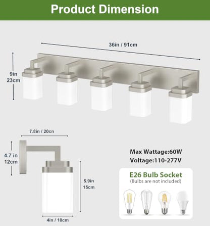 Brushed Nickel Bathroom Light Fixtures, Modern Vanity Lights with White Glass Lamp Shade, Bathroom Lighting Fixtures Over Mirror, Restroom Vanity Lighting Fixture, 5-Light 36 Inch - color: Nickel, size: 5-Light