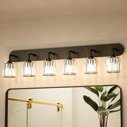 Keonjinn 6-Light Bathroom Light Fixtures, Crystal Black Bathroom Vanity Lights Over Mirror, Vanity Lighting Fixtures with Crystal Square Shades (E26 Socket, Exclude Bulb) - color: Black, size: 6-Light