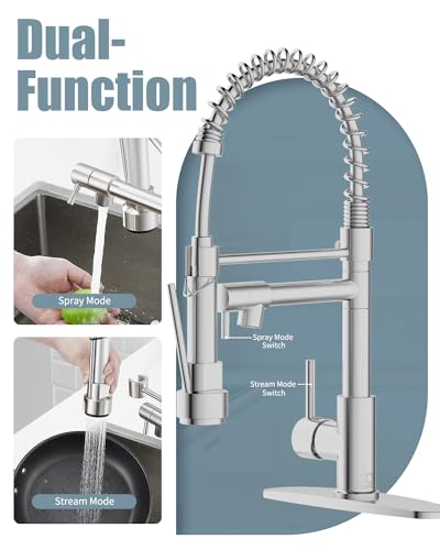 Kitchen Faucet with Soap Dispenser,Single Handle Faucet for Camper Farmhouse RV Kitchen Sink,Spring Kitchen Sink Faucets with Pull Down Sprayer and Deck Plate,Dual Function Spray Head,Brushed Nickel - color: B.Nickel Brushed, style: 1.Faucet+Soap Dispense