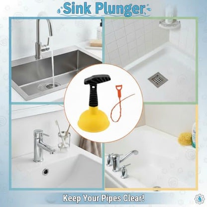 Sink Plunger, Mini Plunger with Short Handle & Drain Clog Remover, Easy to Use Powerful Unclogging Tool for Kitchen Sink, Shower Tub, Bathroom Drains, Bath