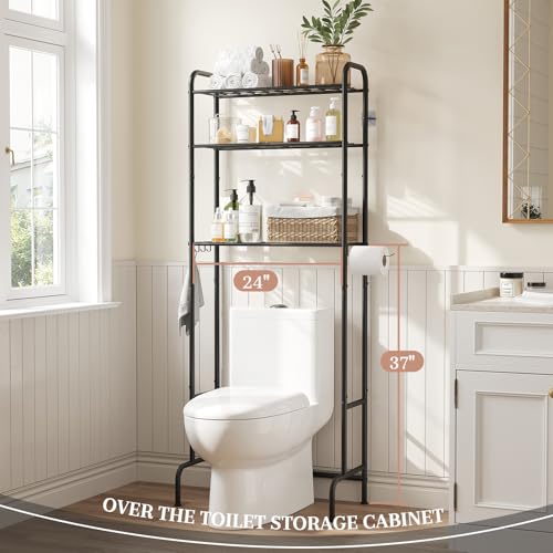 STDDRE 3-Tier Over The Toilet Storage Space Saver with Paper Holder Freestanding Rack Metal Bathroom Shelves with Hooks Above The Toilet Storage Shelf (Black, 3 Tier) - color: Black