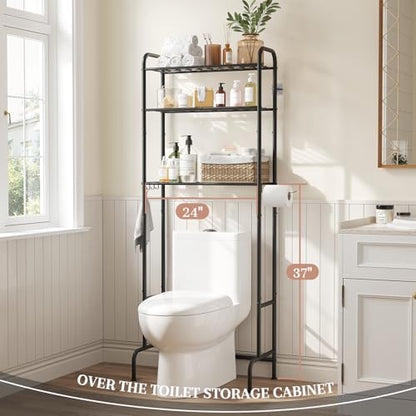 STDDRE 3-Tier Over The Toilet Storage Space Saver with Paper Holder Freestanding Rack Metal Bathroom Shelves with Hooks Above The Toilet Storage Shelf (Black, 3 Tier) - color: Black