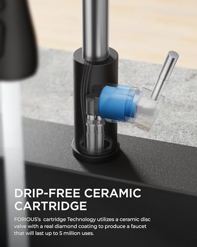 FORIOUS Kitchen Faucet with Soap Dispenser, Stainless Steel, Black Brushed | Pull Down Sprayer, High Arc Single Handle, Classic 3 Modes Bar Sink Faucet with Deck Plate, Suitable for Rv Laundry Camper - color: Black&Brushed, style: Classic
