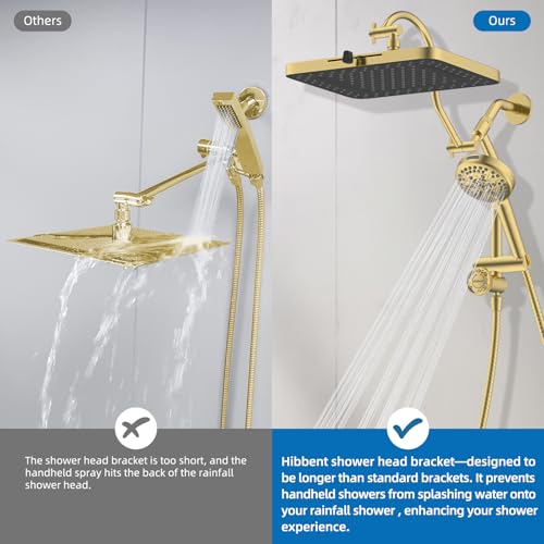 Hibbent cUPC Certified High Pressue 13'' Rainfall Shower Head with 5-Spray | Shower Heads with Handheld 10-Spray Combo, All Metal Easy Reach 4-way Diverter Arm, 71'' Hose & Holder, Brushed Gold - color: Brushed Gold, style: Square 13"