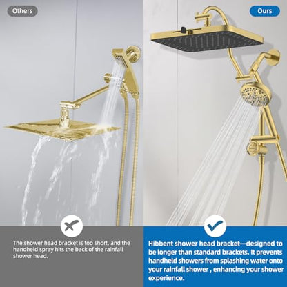 Hibbent cUPC Certified High Pressue 13'' Rainfall Shower Head with 5-Spray | Shower Heads with Handheld 10-Spray Combo, All Metal Easy Reach 4-way Diverter Arm, 71'' Hose & Holder, Brushed Gold - color: Brushed Gold, style: Square 13"