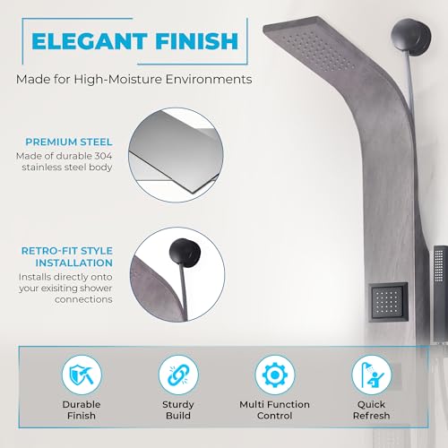 ANZZI Shower Head Panel Tower System | Aura | Grey Marble | 2 Turbo Jetted | Includes Two 2 Fully Adjustable Acu Stream Body Jets, Installation Installs To Existing Water Line, Built To Last