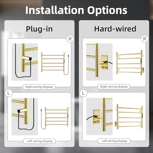 P&Dlusir EL13 Heated Towel Rack, Polished Gold, 5 Bar | Fast Heat in 2 Min, Smart Timer, Thermo Control, Memory Functoion, Stainless Steel, Hard-Wired/Plug-in - color: Polished Gold, size: 21.65"W x 17.72"H