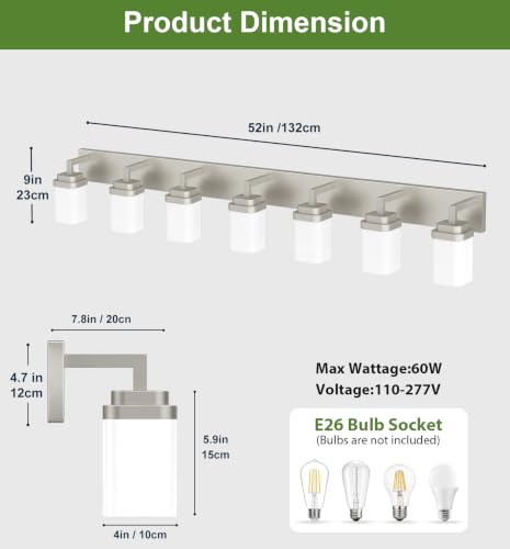 Brushed Nickel Bathroom Light Fixtures, Modern Vanity Lights with White Glass Lamp Shade, Bathroom Lighting Fixtures Over Mirror, Restroom Vanity Lighting Fixture, 7-Light 52 Inch - color: Nickel, size: 7-Light