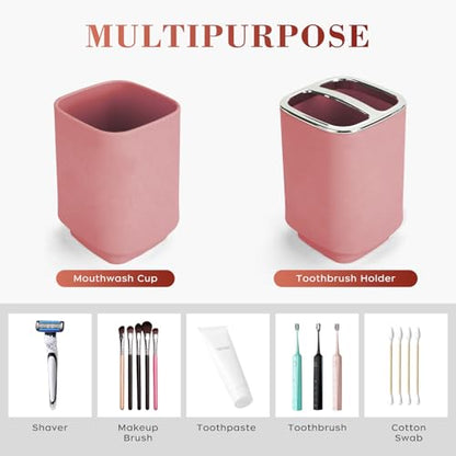 4Pcs Pink Bathroom Set, Square Boho Soap & Toothbrush Holder Set | Thick shatterproof ABS, electroplated rust-proof pump, drip-free, multi-slot holder, dustproof lids, easy-clean - color: Pink, size: 4PCS