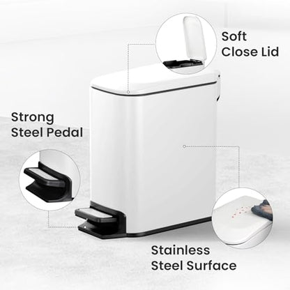 Cesun Small Bathroom Trash Can with Lid, 1.6 Gal, Soft Close, White | Step pedal soft close, Slim 5.9in fits narrow spaces, Stainless steel, Anti-fingerprint, Removable inner bucket, Odor seal - color: White