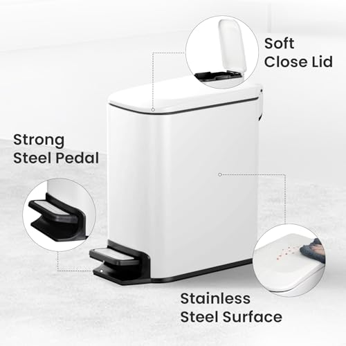 Cesun Small Bathroom Trash Can with Lid, 1.6 Gal, Soft Close, White | Step pedal soft close, Slim 5.9in fits narrow spaces, Stainless steel, Anti-fingerprint, Removable inner bucket, Odor seal - color: White