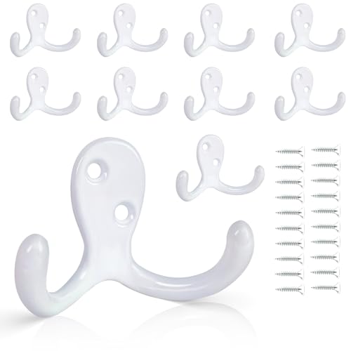 CBWLWJ 10 Pack Coat Hooks Wall Hooks for Hanging, Heavy Duty Double Prong Metal Hook Wall Mounted for Living Room, Bathroom, Kitchen, Bedroom for Coat, Bag, Scarf, Towel, Hat, Key, Cup (White) - color: White-10pack
