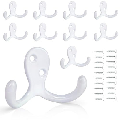CBWLWJ 10 Pack Coat Hooks Wall Hooks for Hanging, Heavy Duty Double Prong Metal Hook Wall Mounted for Living Room, Bathroom, Kitchen, Bedroom for Coat, Bag, Scarf, Towel, Hat, Key, Cup (White) - color: White-10pack