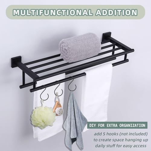 Angle Simple Bathroom Towel Shelf with Double Bar, Matte Black 23.62 Inches | Stainless Steel, 2-in-1 Versatile Bath Towel Holder Rack with Shelf, Ample Storage Space, Screw Mount - color: Matte Black, size: 23.62-Inch