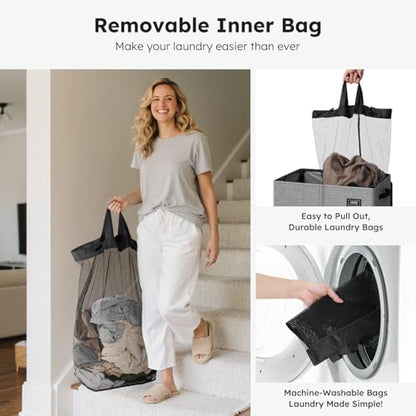 SOLEDI 180L Double Laundry Hamper with Lid and 2 Side Pockets, Dual Hamper | 2 Section Laundry Basket, Removable & Washable Laundry Bags, 180L Large Capacity, for Bedroom, Bathroom, Laundry Room, Dorm - color: Grey