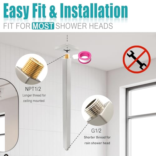Brushed Nickel Shower Arm with Flange and Teflon Tape for High Ceiling or Fixed Rain Showerhead, Universal Connection 16-inch Square Straight Shower Head Extender Extension Pipe, 304 Stainless Steel - color: Brushed Nickel, style: 16inch