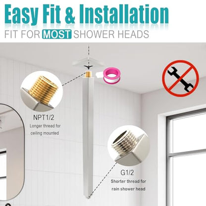 Brushed Nickel Shower Arm with Flange and Teflon Tape for High Ceiling or Fixed Rain Showerhead, Universal Connection 16-inch Square Straight Shower Head Extender Extension Pipe, 304 Stainless Steel - color: Brushed Nickel, style: 16inch