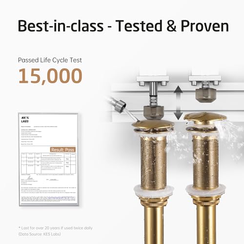 KES Brushed Gold Bathroom Pop Up Drain with Extended Thread, No Overflow | All-Metal Brass & Stainless Steel, Fits 1.6-1.9 In Sink Hole, Up To 3.94 In Thick Countertops, Easy Install - color: Brushed Gold, style: NO Overflow, Long Thread
