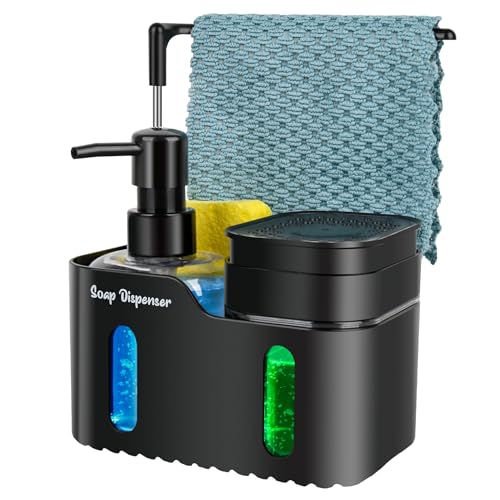 Hand Soap and Dish Soap Dispenser Set for Kitchen, Dual Soap Dispenser with Sponge Holder and Dishcloth Holder 4-in-1 Organizer for Kitchen Sink Countertop, Useful Kitchen Gadgets (Black) - color: Black