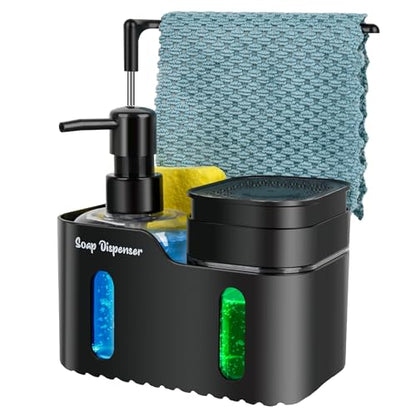 Hand Soap and Dish Soap Dispenser Set for Kitchen, Dual Soap Dispenser with Sponge Holder and Dishcloth Holder 4-in-1 Organizer for Kitchen Sink Countertop, Useful Kitchen Gadgets (Black) - color: Black