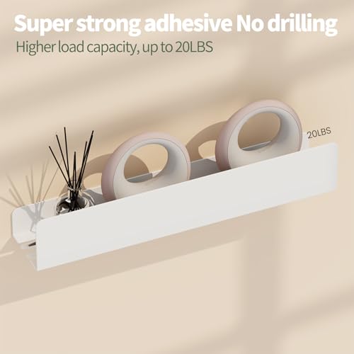 REKITA No Drill Shower Shelf Organizer, 40cm Stainless Steel Bathroom Storage with 4 Removable Hooks, Adhesive Wall Mounted Shower Caddy, Rustproof Bath Shelf for Bathroom Kitchen Living Room - color: White