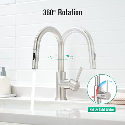 CREA Bathroom Faucet with Pull Out Sprayer,Brushed Nickel Single Handle Kitchen Bar Faucets for Mini Sink Pull Down Vanity Mixer Tap 2 Water Modes,cUPC/NSF - color: A-Brushed Nickel