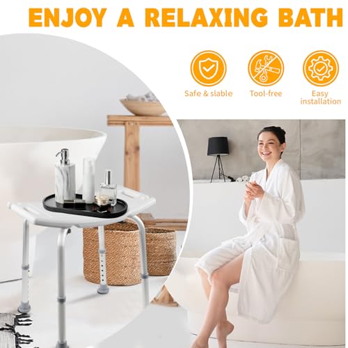 Shower Chair for Inside Shower, 400 lbs Heavy Duty Shower Stool with 12 Drainage Holes & Suction Feet, Adjustable Bath Chair with Back, Shower Seat for Elderly, Disabled, Pregnant - White