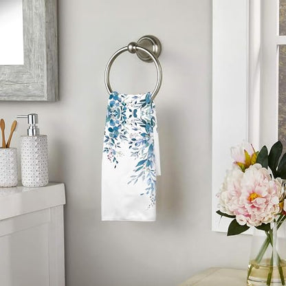2 Pack Blue Eucalyptus Bathroom Hand Towels Decorative Plant Leaves Dish Kitchen Towels 16x27 Inch Navy Floral Botanical Absorbent Soft Microfiber Bath Fingertip Towels Hotel Spa Decor