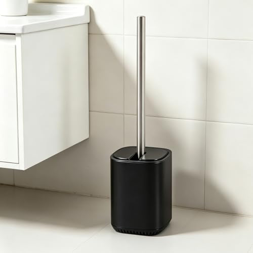 Toilet Brush and Holder Set Toilet Bowl Brush Stainless Steel Automatic Open lid Toilet Bowl Cleaner Brush Set Toilet Scrubber Kit Toilet Cleaning Brush for Bathroom - color: Black