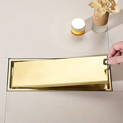 Linear Shower Drain Pipe 12 Inches Brushed Gold, with Tile Insert Grille, Detachable Hidden Cover, SUS304 Stainless Steel Rectangular Floor Drain - color: Brushed Gold