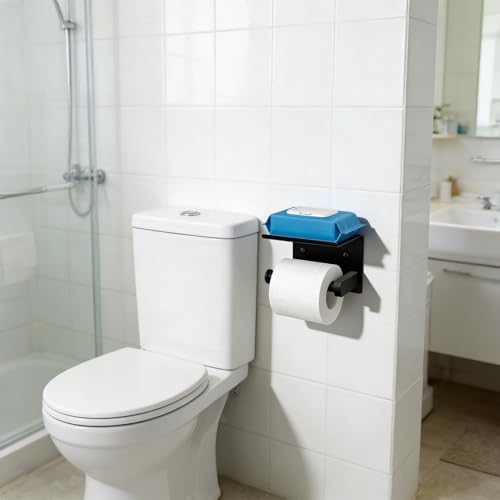 Matte Black Toilet Paper Holder Wall Mount, NEWRAIN Rustproof Toilet Tissue Holder with Phone Shelf, Stainless Steel Adhesive Toilet Roll Holder for Bathroom, Washroom, Kitchen, RV - color: Matte Black, style: Single