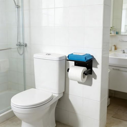 Matte Black Toilet Paper Holder Wall Mount, NEWRAIN Rustproof Toilet Tissue Holder with Phone Shelf, Stainless Steel Adhesive Toilet Roll Holder for Bathroom, Washroom, Kitchen, RV - color: Matte Black, style: Single