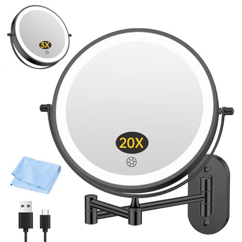 FUNTOUCH 5000mAh Rechargeable Wall Mounted Makeup Mirror with Lights 3X/20X | Double Sided Magnifying,3 Color Lights,Touch Dimmable, Extended Arm 360 Rotation Lighted Bathroom Mirror with Magnification - color: Metal Black