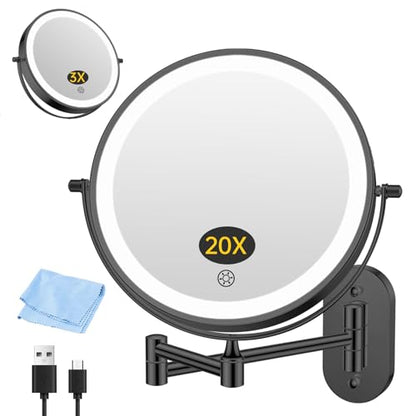 FUNTOUCH 5000mAh Rechargeable Wall Mounted Makeup Mirror with Lights 3X/20X | Double Sided Magnifying,3 Color Lights,Touch Dimmable, Extended Arm 360 Rotation Lighted Bathroom Mirror with Magnification - color: Metal Black