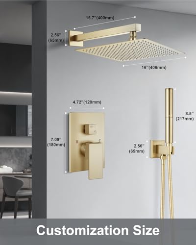 Aolemi Shower System with Rain Head and Handheld,16-Inch,Brushed Gold | High-Pressure Shower Faucet Set with Dual-Function Handheld,Rough-In Valve,1.8 GPM,Wall-Mount Trim Kit - color: Brushed Gold, size: 16 Inch