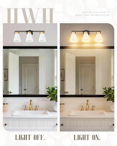 Bathroom Vanity Light, HWH 3-Light Wall Light Fixture for Bathroom Bedroom, Black and Gold Vanity Lights with Frosted Milk White Striped Glass, 5HZG97B-3W BK+BG - color: Black and Gold, size: 3-Light