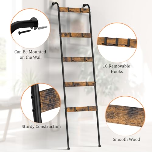 Wall Mounted Blanket Ladder 5-Tier Quilt Ladder, Rustic Brown and Black
