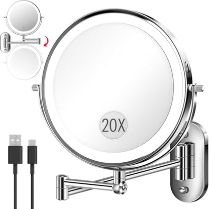 20X 9" Wall Mounted Magnifying Makeup Mirror with Light Height Adjustable | 5000mAh Double Sided Rechargeable LED Lighted Vanity Mirror with Magnification 3 Color Light up Extended Arm 360 Rotation - color: 9inches-chrome